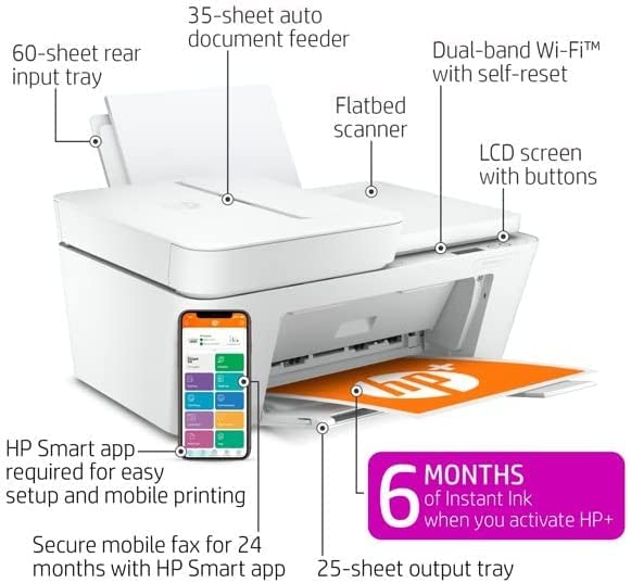 HP DeskJet 4152e Wireless Inkjet Color All-in-One Printer, Print Copy Scan, Instant Ink Ready, 35 Sheet ADF, WiFi USB Connectivity, White, W/Silmarils Printer Cable