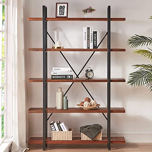 HSH Industrial Rustic 5 Tier Wood Bookcase, Distressed Brown