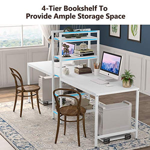 Tribesigns Two Person Computer Desk with Bookshelf, 89 Inches Office Double Desk with 2 CPU Stands, Rustic Writing Desk Workstation Table with Shelves for Home Office for Two Person (White)