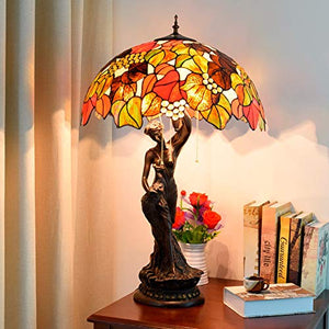 NINGZ Tiffany Style Stained Glass Table Lamp - Dead Leaves Green Leaf Shade - Vintage Bedside/Nightstand Light