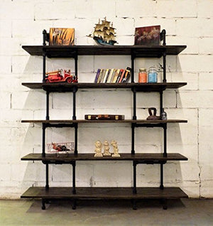 Eugene Modern Industrial 71-Inch Tall x 64-Inch Wide Large Storage 5-Shelf Pipe Bookcase Etagere Metal And Reclaimed Aged Finish With Sustainable Solid Wood (Dark Brown Stained wood)