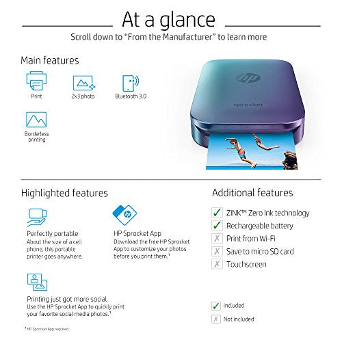 HP Sprocket Portable Photo Printer, Print Social Media Photos on 2x3" Sticky-Backed Paper - Blue (Z9L26A)