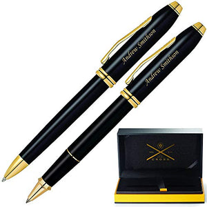 Engraved Cross Pen Set | Personalized AT Cross Townsend Black Ballpoint and Rollerball Pen Set with 23k Gold Accents. Custom Engraved Fast by Dayspring Pens.