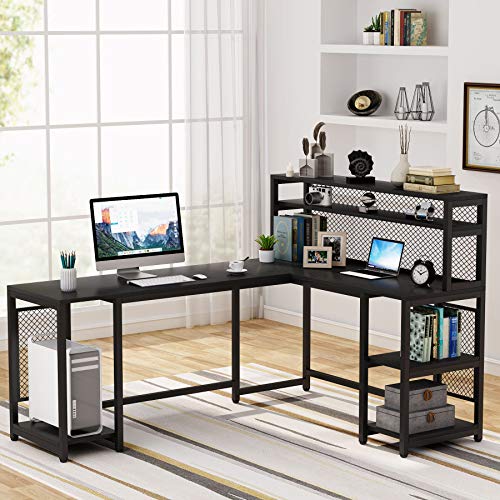 LITTLE TREE 67 inch Large L-Shaped Computer Desk with Hutch and Bookshelf, Home Office Desk with Storage Shelves and CPU Stand, Corner Desk Study Writing Gaming Table Workstation (Black)