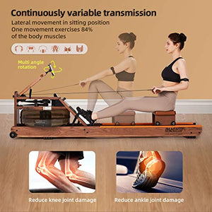 Water Rowing Machine for Home Use, Real Solid Wood Water Rower Machine with Bluetooth LCD Monitor, Compatible with Fitness App, Black Walnut