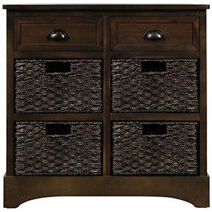 TREXM Rustic Storage Cabinet with Two Drawers and Four Classic Fabric Basket for Kitchen/Dining Room/Entryway/Living Room, Accent Furniture (Dark Brown)