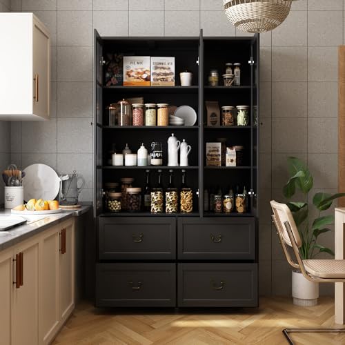 Homsee Modern Black Bookcase Bookshelf with Drawers, Glass Doors - 78.7" H, 8-Tier Shelves