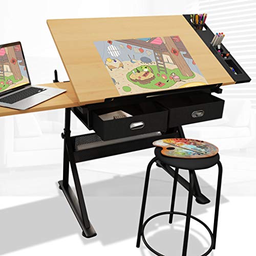 Lgan Drafting Table with Storage, Height Adjustable Tiltable Art Desk, Maple Panel Drawing Desk, for Work Study Painting Craft Table