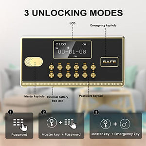 2.2 Cub Large Home Safe Fireproof Waterproof, Security Safe Box with Fireproof Waterproof Money Bag, with Digital Keypad and Key Lock, Built In Cabinet Box, Double Keys, Removable Shelf for Jewelry, Documents