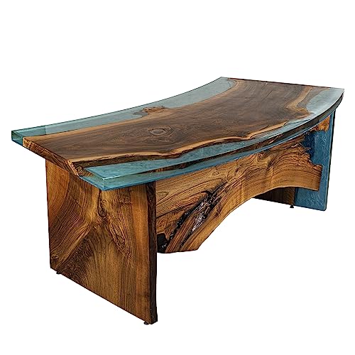 Angora Blue Epoxy Executive Desk - Mid Century Modern Style | 100% Black Walnut | Made in Turkey