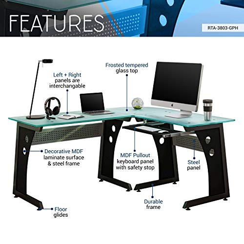 Techni Mobili Deluxe Tempered Frosted Glass L Shaped Corner Desk With Pull Out Keyboard, Graphite