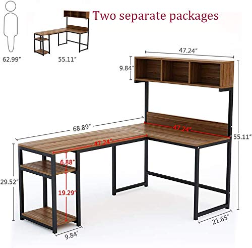 Tribesigns L-Shaped Desk with Hutch, 68 Inches Corner Computer Desk Gaming Table Workstation with Storage Bookshelf for Home Office,Dark,Walnut