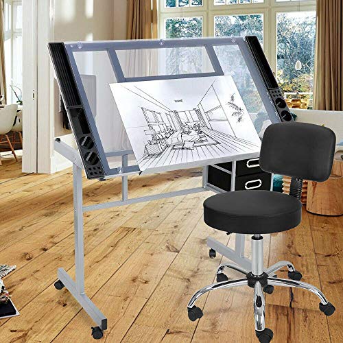 9TRADING Adjustable Hydraulic Salon Stool Chair + Drawing Desk Drafting Table Glass Top