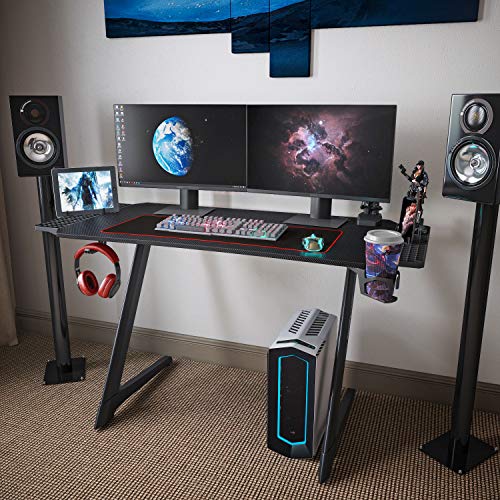 43 Inches Carbon Fiber PC Gaming Table Gaming Desk for Home Office with Cup Holder and Headphone Hook (Jet Black)