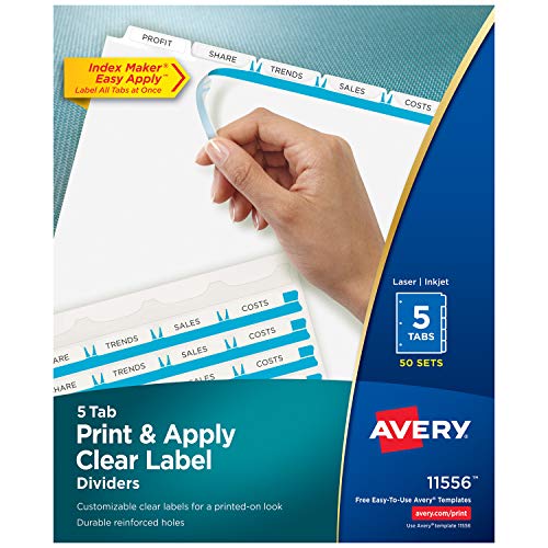 Avery 5-Tab Binder Dividers, Easy Print & Apply Clear Label Strip, Index Maker, White Tabs, 50 Sets (11556)