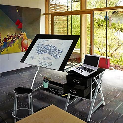 LCSA Drafting Table Drawing Table Adjustable Art Craft Desk w/Storage Drawers&Stool
