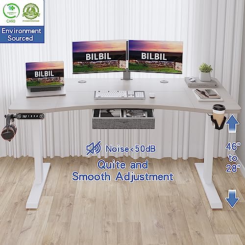 bilbil Electric Standing Desk with Drawer, Height Adjustable Sit Stand Up Desk, 63x30 Inches, Pale Pearwood Top/White Frame