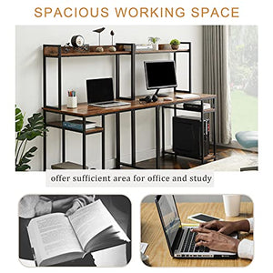 Extra Long Double Computer Desk Home Office Desk Workstation with 4-tier Storage Shelf for 2 Persons, Retro Wood Study Desk Writing Table with Spacious Tabletop & Adjustable Feet for Small Space Brown