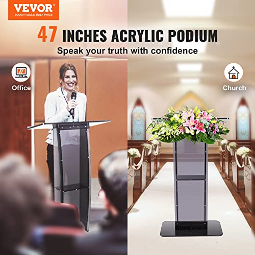 VEVOR Acrylic Podium Stand, 47" Tall, Wide Reading Surface, Storage Shelf, Floor-Standing Clear Pulpit for Church Office School, Black