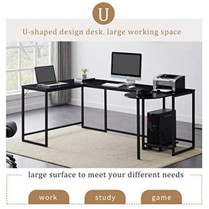 RKRLJX Computer Home Office U-Shaped Computer Desk, Industrial Corner Writing Desk with CPU Stand, Gaming Table Workstation Desk for Home Office(Black)