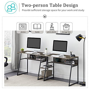 4-Tier Two Persons PC Laptop Desk Study Table with Open Storage Bookshelves for Home Office Dorm Students, Industrial Rustic Wooden Writing Table Workstation Double Desk with Steel Frame for 2 (Gray)