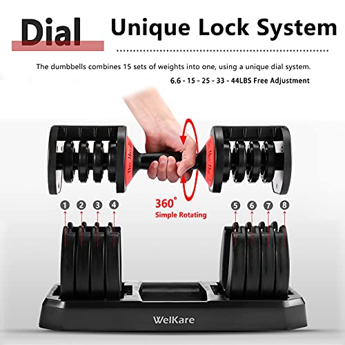 WelKare Adjustable Dumbbells Set for Home, Weights Dumbbell Adjustable for Men Workout and Fitness, 6.6 - 44 Lbs Adjust (1 Pair 88 Pounds)