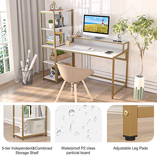 Teraves Computer Desk with 5 Tier Shelves,Reversible Writing Desk with Storage 47 Inch Study Table for Home Office Independent Bookcase and Desk for Multiple Scenes (Desk+Shelves, White+Gold Frame)