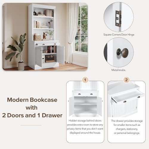 Merax Tall Storage Bookshelf Bookcase Set with LED Lighting, Doors, Drawer, Open Shelves - White