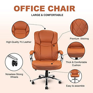 US Office Elements Big and Tall Executive Office Chair - 400lbs Capacity, PU Leather, High Back, Swivel, Tilt, Adjustable Height - Camel Brown