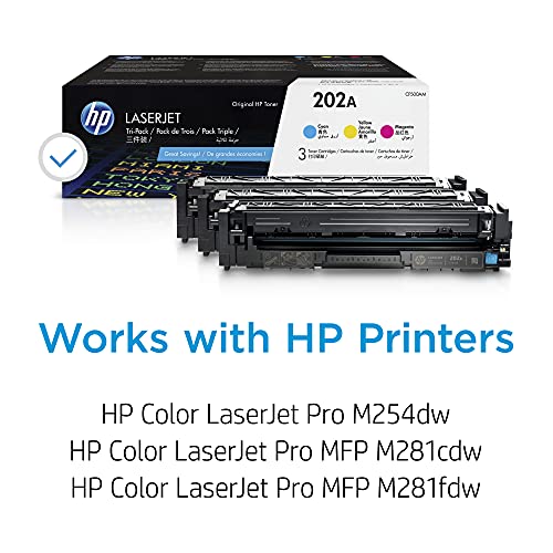 HP 202A | CF501A, CF502A, CF503A | 3 Toner-Cartridges | Cyan, Magenta, Yellow | Works with HP LaserJet Pro M254, M281cdw, M281dw, M281fdw