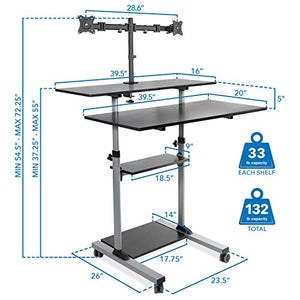 Mount-It! Mobile Standing Desk with Dual Monitor Mount - 40" Wide Height Adjustable Rolling Workstation