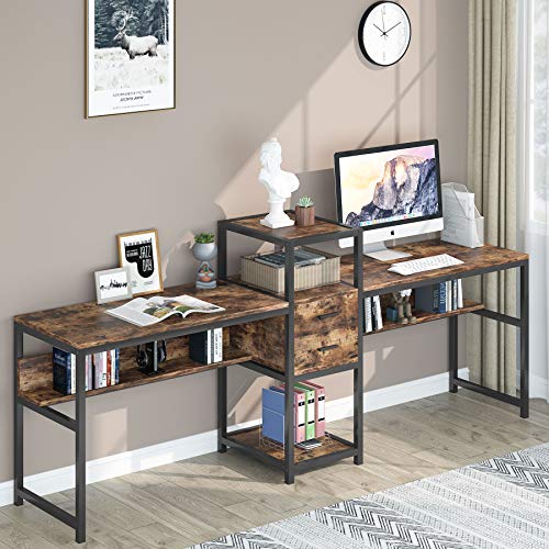 Tribesigns 94.5” Two Person Desk with 2 Drawers, Double Computer Desk for Two with Storage Shelves, Extra Long Workstation for Home Office