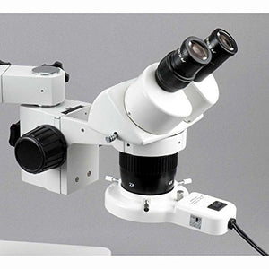 AmScope SW-3B13-FRL Binocular Stereo Microscope, WH10x Eyepieces, 10X and 30X Magnification, 1X/3X Objective, Single-Arm Boom Stand, 8W Fluorescent Ring Light, 110V-120V
