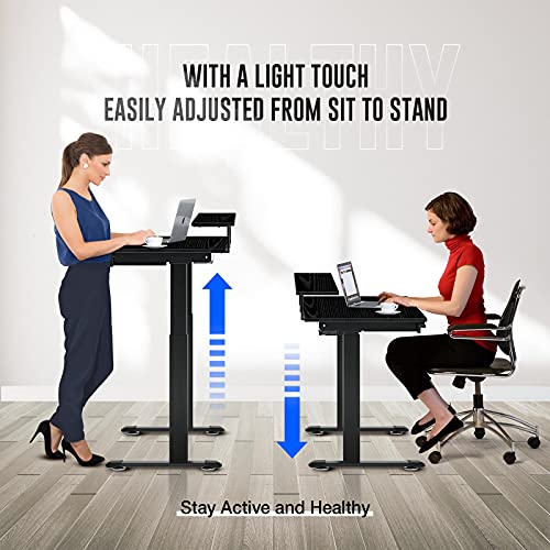Rolanstar Adjustable Height Desk with Drawer 55" Dual Motor Standing Desk with USB Charging Ports, Stand Up Home Office Desk with Shelf, Double Headphone Hook, Black