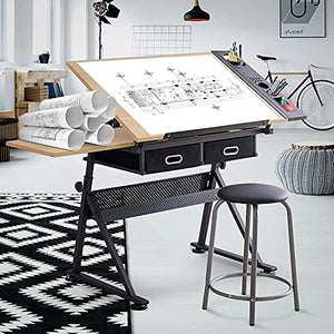 None Adjustable Drawing Table with Tiltable Tabletop and 2 Drawers/Stool