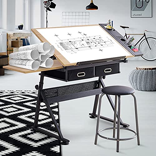 Adjustable Drawing Table with Tiltable Tabletop and 2 Drawers/Stool