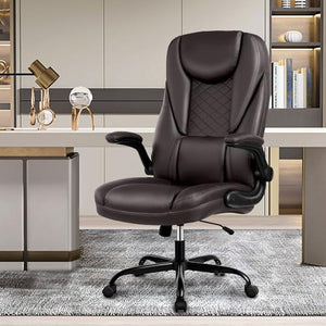 Guessky Executive Office Chair, Big and Tall Ergonomic Leather Chair with Adjustable Arms, High Back, Lumbar Support - Coffee
