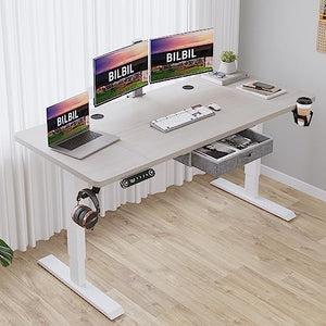 bilbil Electric Standing Desk 63x30 Inches with Drawer, Height Adjustable Sit Stand Up Desk - Pale Pearwood Top/White Frame