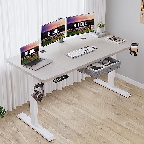 bilbil Electric Standing Desk 63x30 Inches with Drawer, Height Adjustable Sit Stand Up Desk - Pale Pearwood Top/White Frame