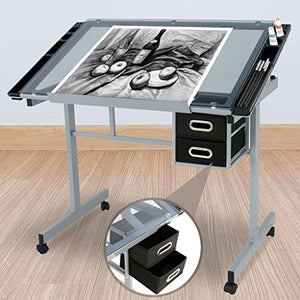 Drafting Table Tempered Glass Adjustable Drawing Desk Craft Rolling Art Top Station Drawers Work Blue Wheels New Steel 2