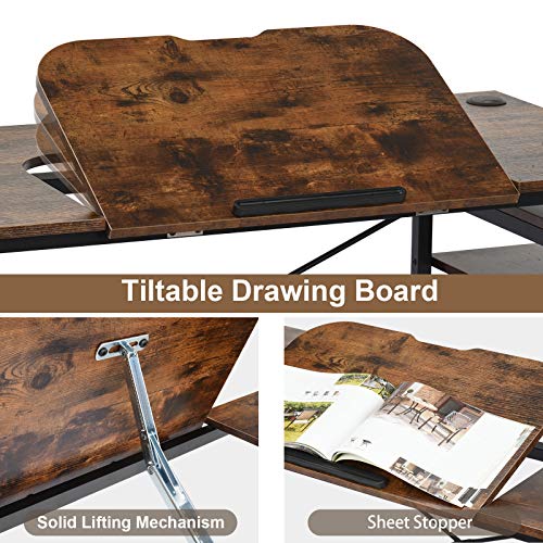 Computer Desk with 5-Tier Shelves, 3 in 1 Bookshelf, Computer Desk, and Main Frame, 47.2" Drafting Drawing Table with 60° Tiltable Tabletop, PC Laptop Table Study Workstation for Home Office (Brown)