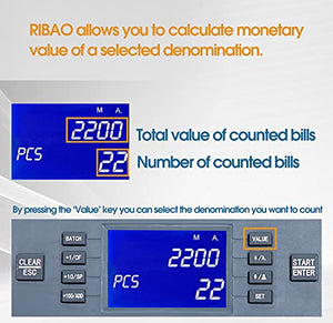 Ribao BC-35 Bill Counter Money Counter Machine, UV/MG/IR/DD Detection, ValuCount, Add Batch Mode, LCD Display Front Loading Cash Counter,1500pcs/min Speed