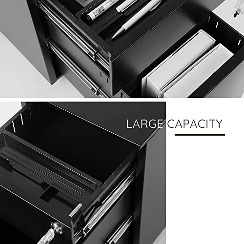 INLIFE 2 Drawer Mobile File Cabinet with Lock - Metal Filing Cabinet for Legal/Letter/A4/F4 Size - Fully Assembled with Wheels - Black, 198