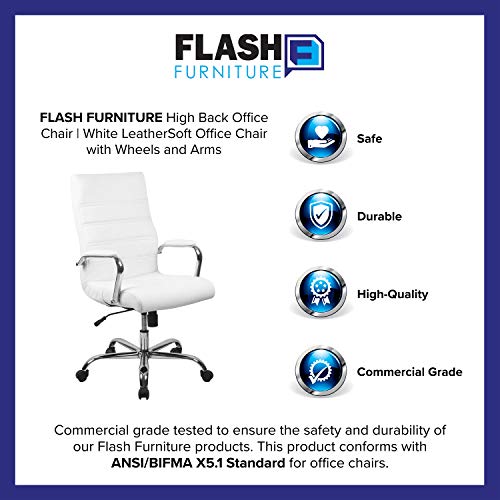 Flash Furniture High Back Office Chair | White LeatherSoft Office Chair with Wheels and Arms
