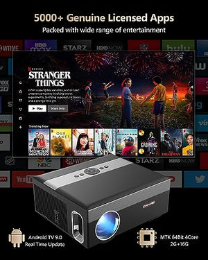 CAIWEI 4K Native 1080P Projector with 5G WIFI, Bluetooth, Android TV, Netflix/YouTube/Prime Video Compatible, 800ANSI High Lumen Outdoor Movie Projector