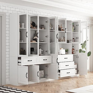 Hitow White Tall Bookshelf with Glass Doors & Drawers, 2-Piece Large Storage Cabinet Set