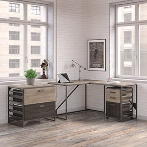Bush Furniture Refinery 50W L Shaped Industrial Desk with 37W Return and File Cabinets in Rustic Gray