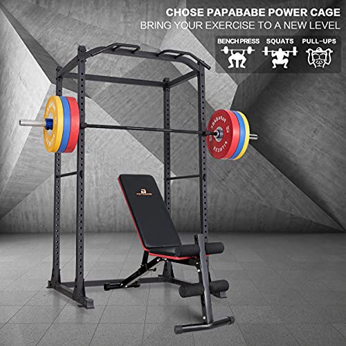 papababe Power Rack-1200 LB Capacity Power Cage, 2"x 2" Steel Squat Stand Rack with J-Hooks for Bench Press, Weightlifting and Strength Training with Adjustable Bench