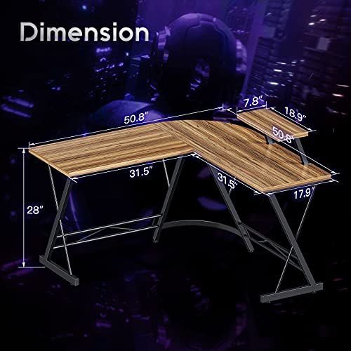 L Shaped Gaming Desk, 51" Home Office Desk with Round Corner Computer Desk with Large Monitor Stand Desk Workstation,Sandalwood