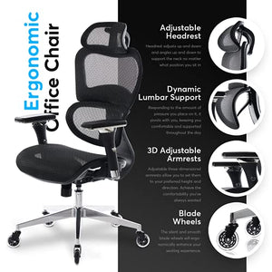 Oline ErgoPro Ergonomic Office Chair with 4D Armrest, 3D Lumbar Support, Blade Wheels - Black